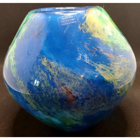 Crate & Barrel Blue Green Multicolored Abstract Vase With Red Motiff. Art Glass - Picture 3 of 6
